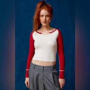 BDG Viv Spliced Notch Neck Tee in Red Multi